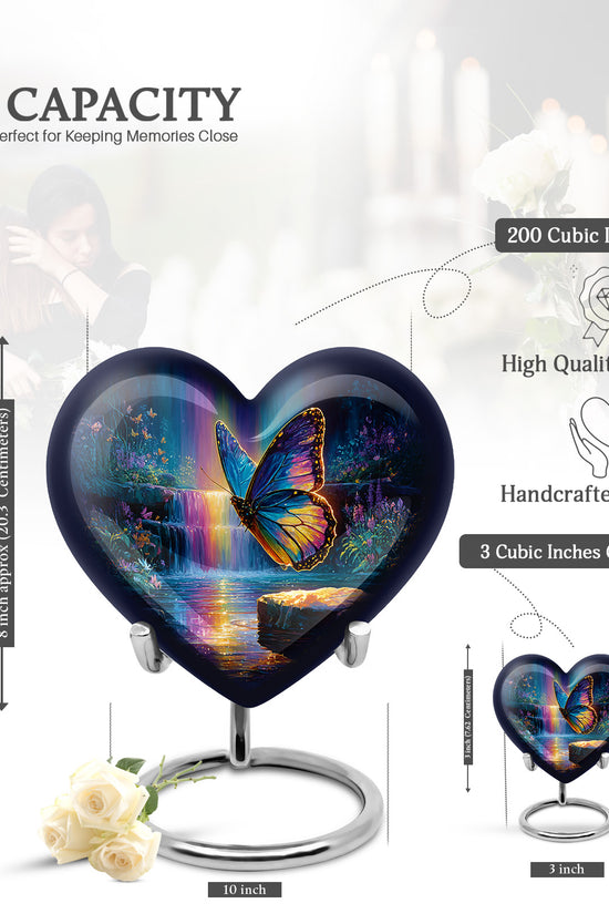 Slate Blue Butterfly Cremation Urn front view showing detailed design - loving heart memorial featuring butterfly pattern - mini keepsake memorial for portion of cremation ashes