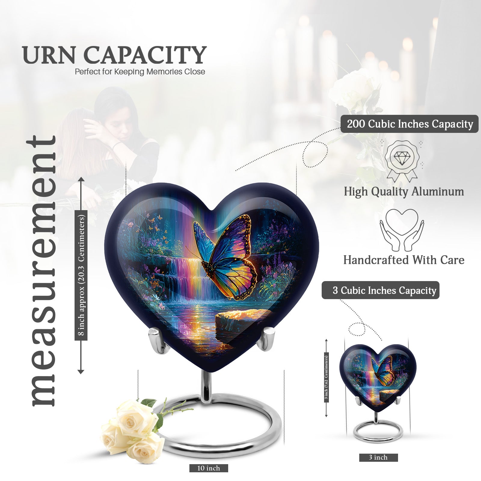 Slate Blue Butterfly Cremation Urn front view showing detailed design - loving heart memorial featuring butterfly pattern - mini keepsake memorial for portion of cremation ashes