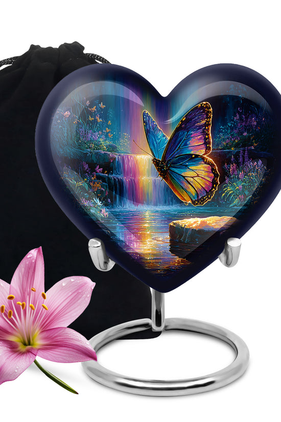 Indigo Butterfly Cremation Urn detail view - heart-shaped butterfly design symbolizing eternal love - full-size 10 inch 200 cubic inch adult cremation urn