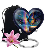 Indigo Butterfly Cremation Urn detail view - heart-shaped butterfly design symbolizing eternal love - full-size 10 inch 200 cubic inch adult cremation urn