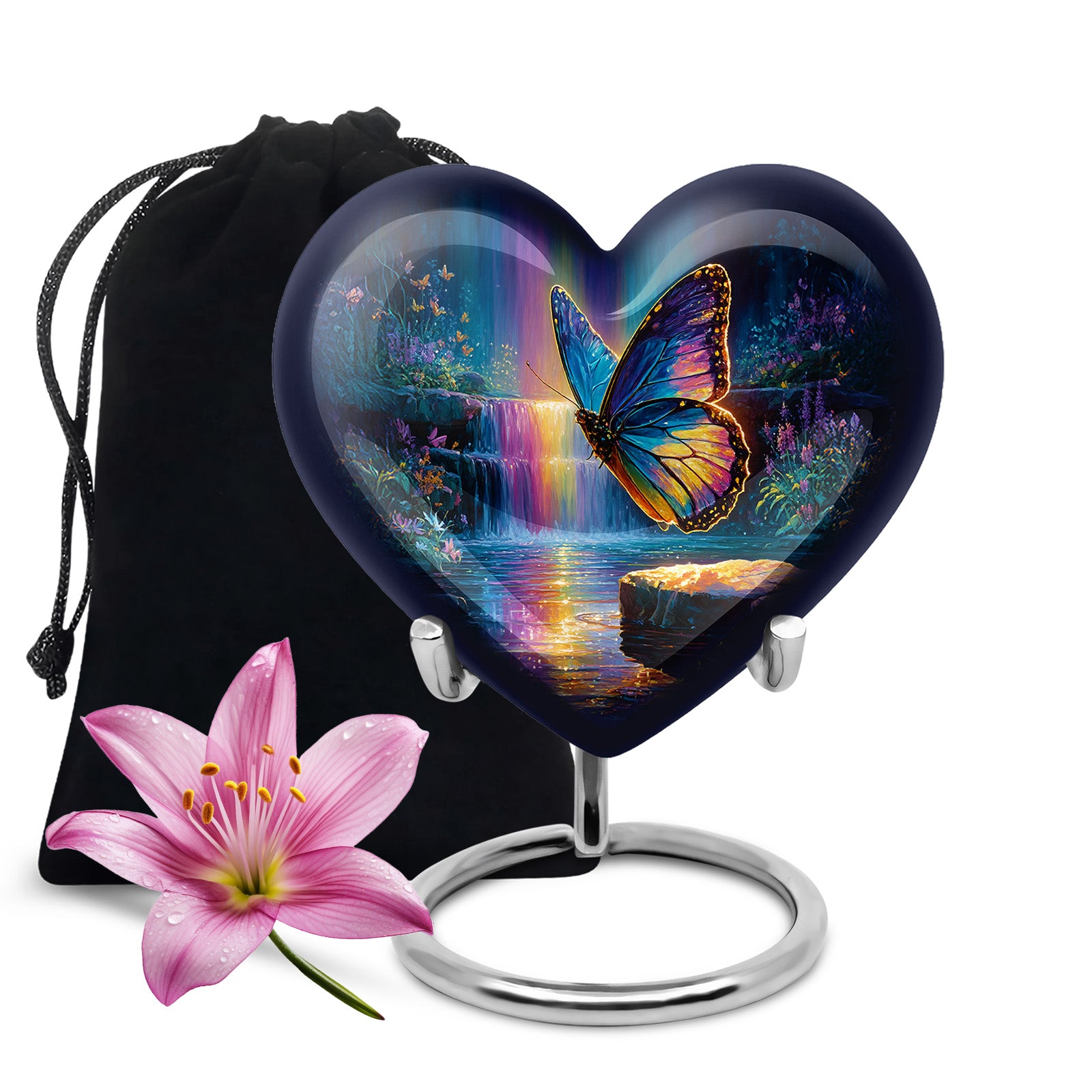 Indigo Butterfly Cremation Urn detail view - heart-shaped butterfly design symbolizing eternal love - full-size 10 inch 200 cubic inch adult cremation urn