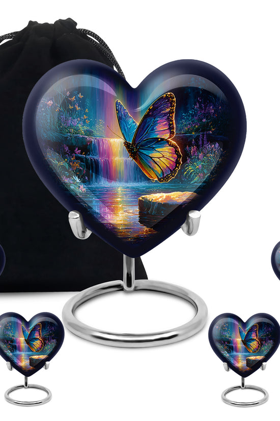 Royal Blue Butterfly Cremation Urn close-up of engraving and surface detail - romantic heart urn with butterfly motif on aluminum - memorial set with one large and four small urns