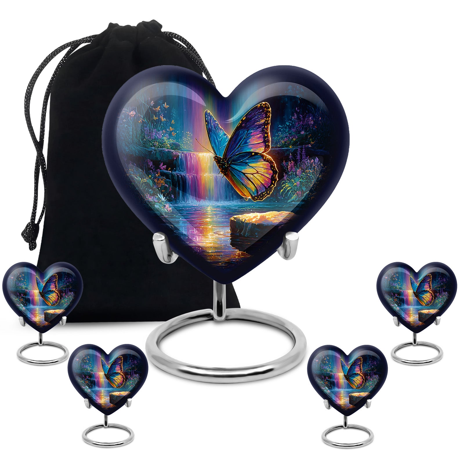 Royal Blue Butterfly Cremation Urn close-up of engraving and surface detail - romantic heart urn with butterfly motif on aluminum - memorial set with one large and four small urns