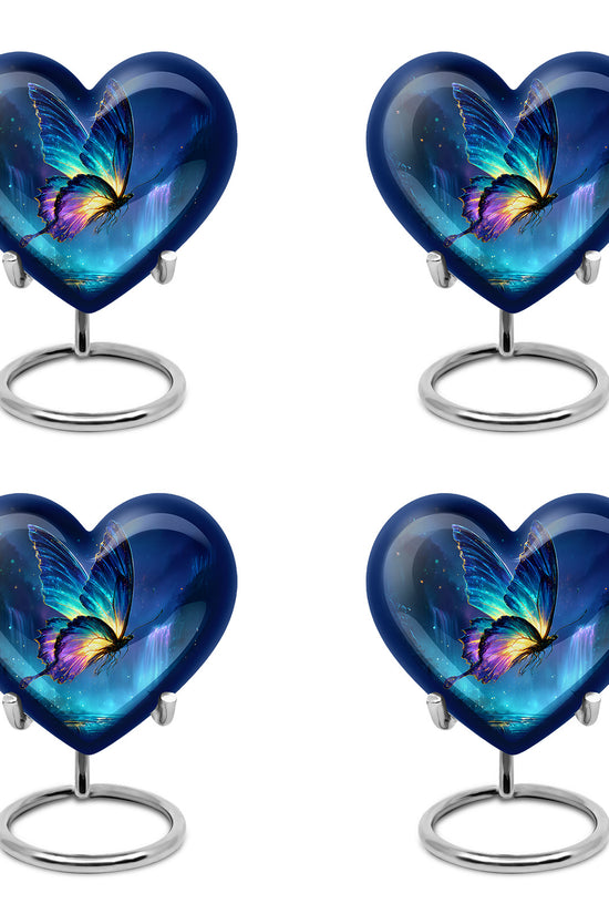 Indigo Butterfly Cremation Urn angled view of lid and engraved motif - loving heart memorial featuring butterfly pattern - 10 inch aluminum urn for cremated remains