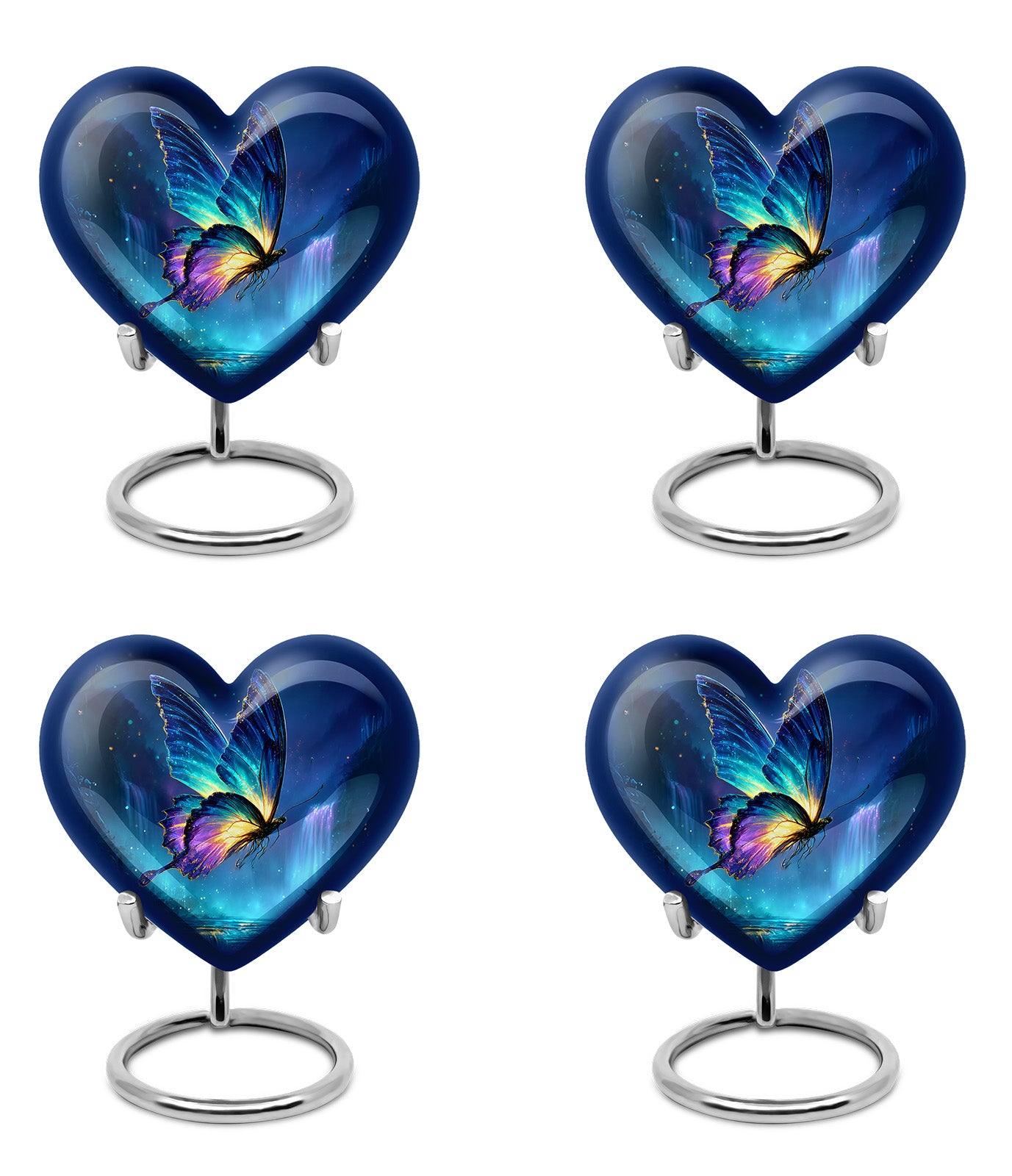 Indigo Butterfly Cremation Urn angled view of lid and engraved motif - loving heart memorial featuring butterfly pattern - 10 inch aluminum urn for cremated remains
