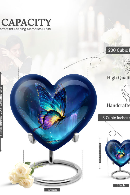 Cobalt Blue Butterfly Cremation Urn front view showing detailed design - compassionate heart-butterfly combination with gentle curves - mini keepsake memorial for portion of cremation ashes
