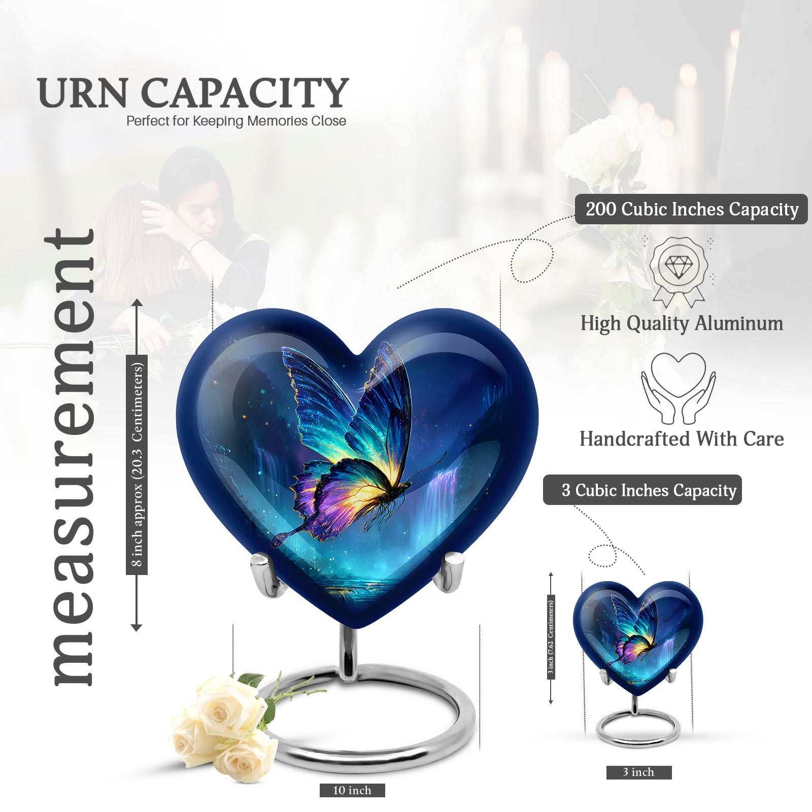 Cobalt Blue Butterfly Cremation Urn front view showing detailed design - compassionate heart-butterfly combination with gentle curves - mini keepsake memorial for portion of cremation ashes