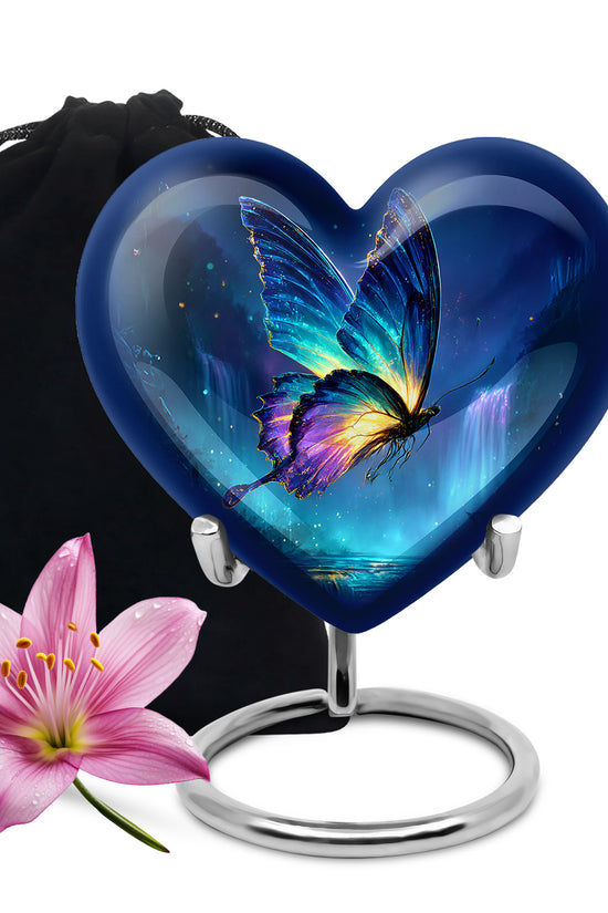 Azure Butterfly Cremation Urn detail view - loving heart memorial featuring butterfly pattern - full-size 10 inch 200 cubic inch adult cremation urn
