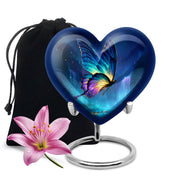 Azure Butterfly Cremation Urn detail view - loving heart memorial featuring butterfly pattern - full-size 10 inch 200 cubic inch adult cremation urn