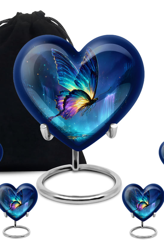 Vivid Blue Butterfly Cremation Urn close-up of engraving and surface detail - compassionate heart-butterfly combination with gentle curves - memorial set with one large and four small urns
