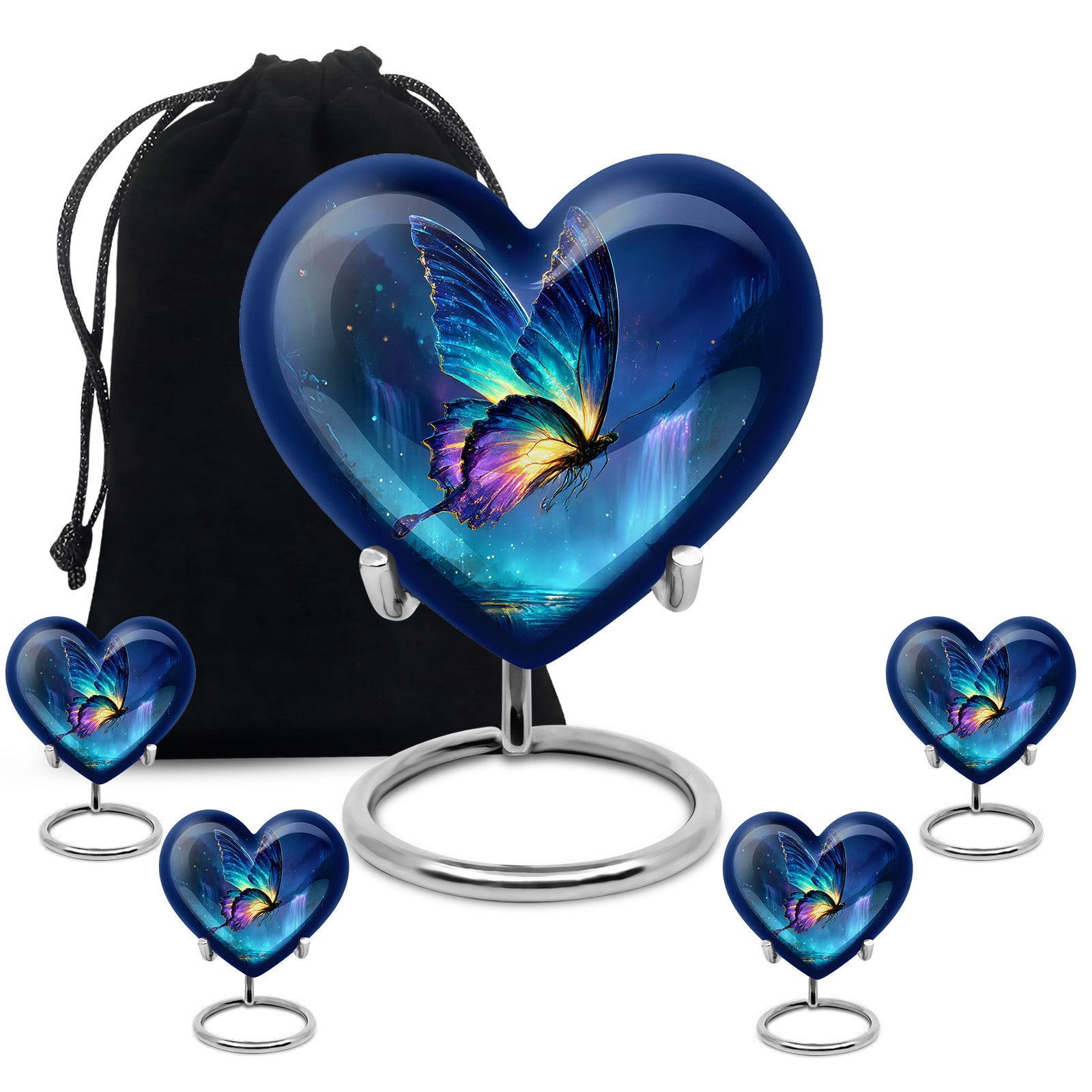 Vivid Blue Butterfly Cremation Urn close-up of engraving and surface detail - compassionate heart-butterfly combination with gentle curves - memorial set with one large and four small urns