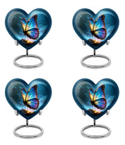 Dusty Blue Butterfly Cremation Urn angled view of lid and engraved motif - heart-shaped butterfly design symbolizing eternal love - 10 inch aluminum urn for cremated remains