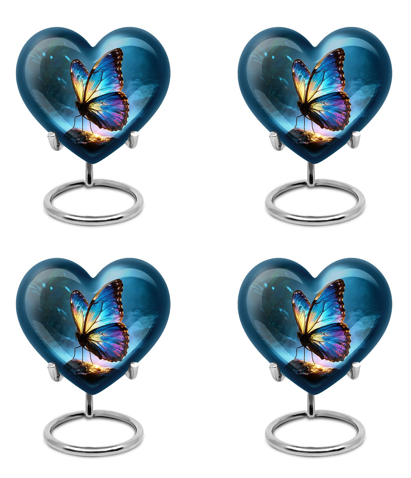 Dusty Blue Butterfly Cremation Urn angled view of lid and engraved motif - heart-shaped butterfly design symbolizing eternal love - 10 inch aluminum urn for cremated remains