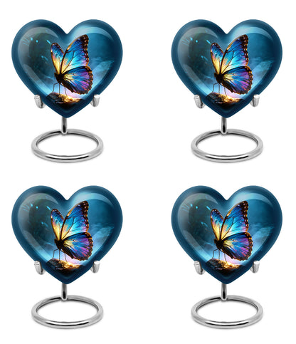 Dusty Blue Butterfly Cremation Urn angled view of lid and engraved motif - heart-shaped butterfly design symbolizing eternal love - 10 inch aluminum urn for cremated remains