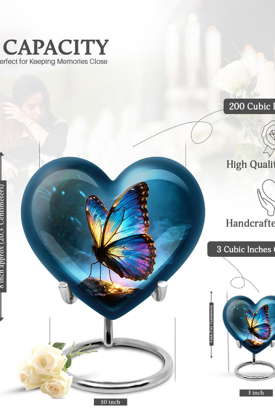Twilight Blue Butterfly Cremation Urn front view showing detailed design - romantic heart urn with butterfly motif on aluminum - mini keepsake memorial for portion of cremation ashes