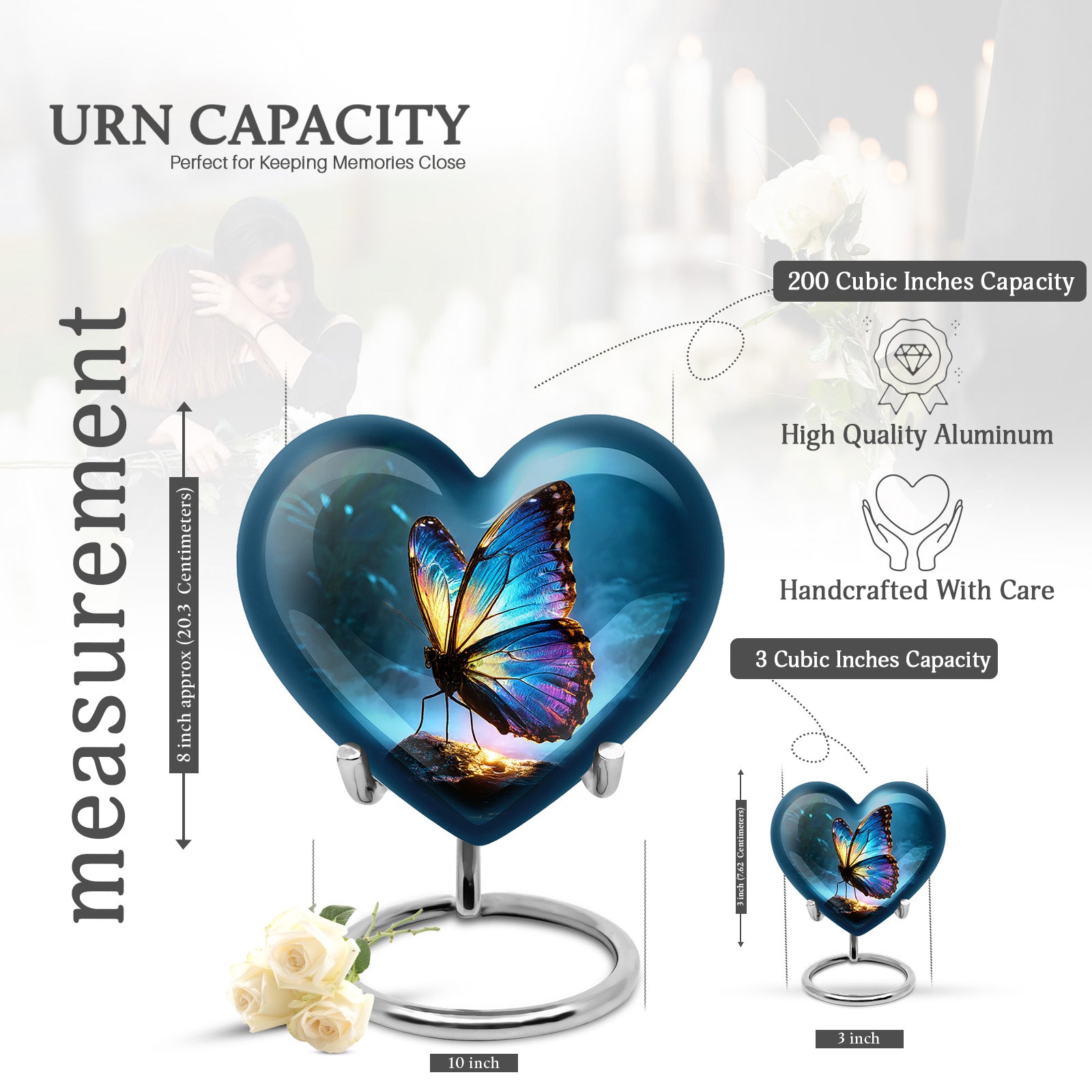Twilight Blue Butterfly Cremation Urn front view showing detailed design - romantic heart urn with butterfly motif on aluminum - mini keepsake memorial for portion of cremation ashes