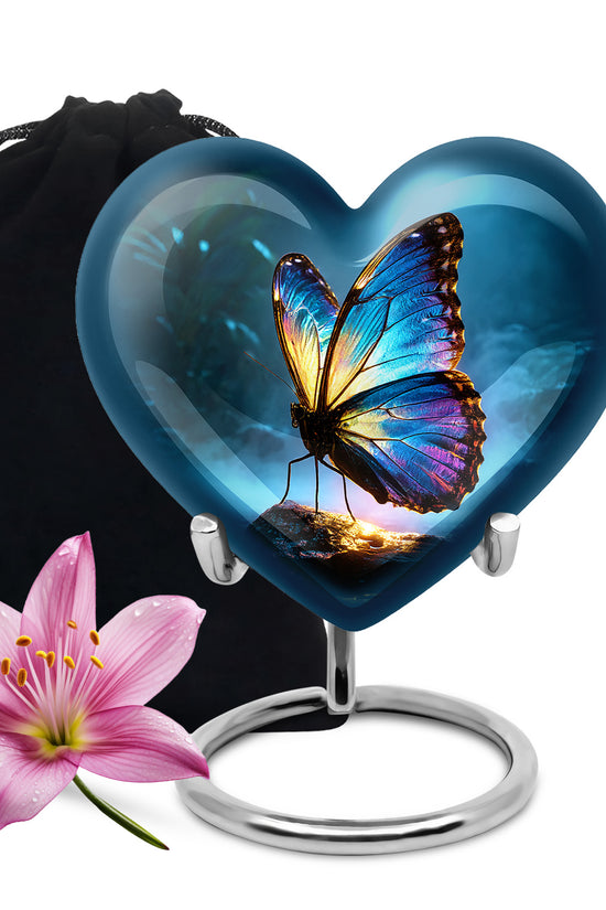 Slate Blue Butterfly Cremation Urn detail view - heart-shaped butterfly design symbolizing eternal love - full-size 10 inch 200 cubic inch adult cremation urn