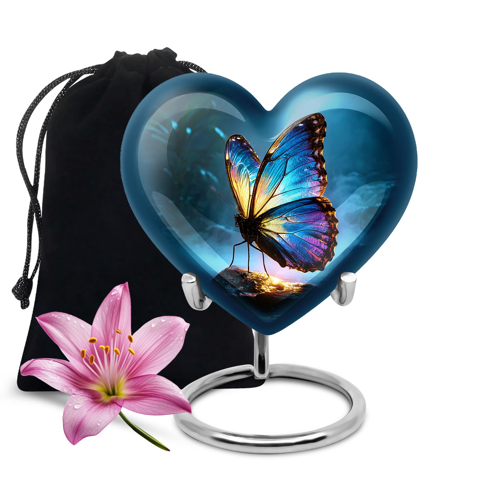 Slate Blue Butterfly Cremation Urn detail view - heart-shaped butterfly design symbolizing eternal love - full-size 10 inch 200 cubic inch adult cremation urn