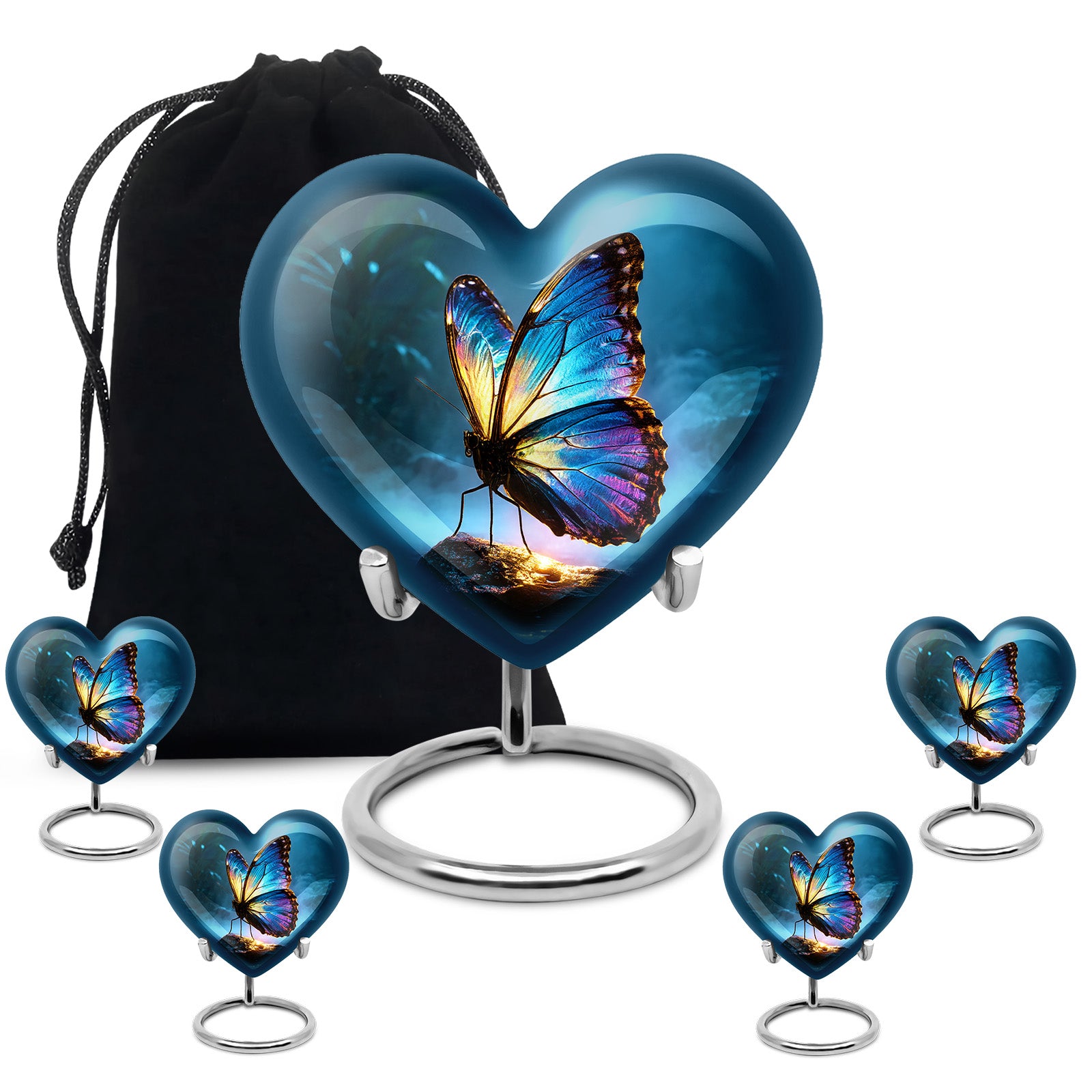 Indigo Butterfly Cremation Urn close-up of engraving and surface detail - heart-shaped butterfly design symbolizing eternal love - memorial set with one large and four small urns