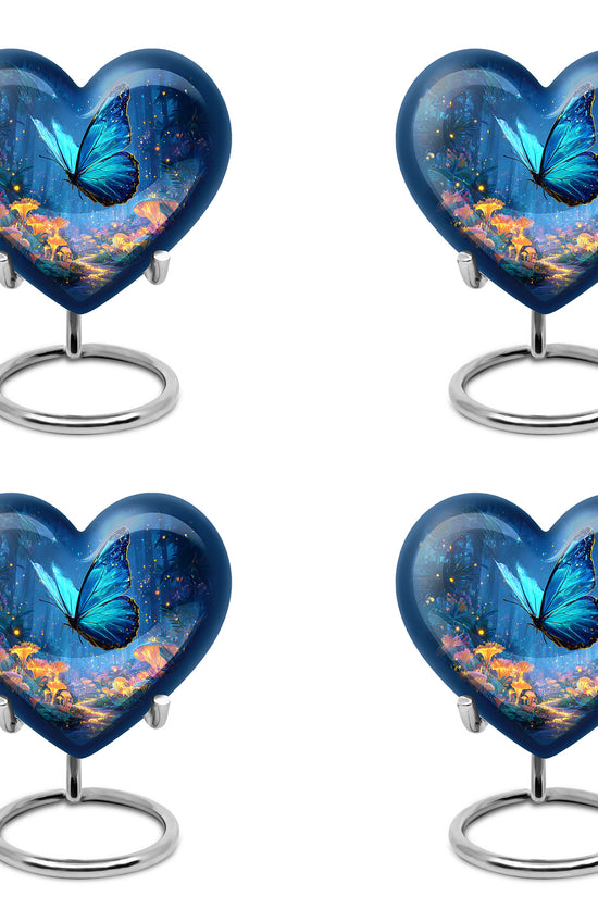 Slate Blue Butterfly Cremation Urn angled view of lid and engraved motif - heart-shaped butterfly design symbolizing eternal love - 10 inch aluminum urn for cremated remains