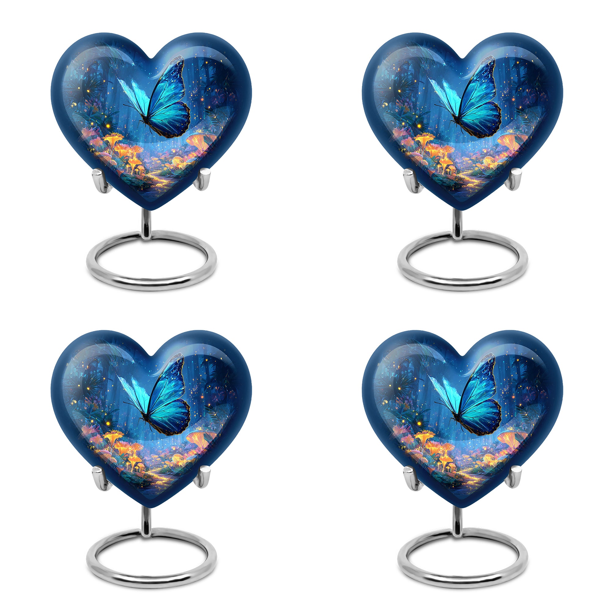 Slate Blue Butterfly Cremation Urn angled view of lid and engraved motif - heart-shaped butterfly design symbolizing eternal love - 10 inch aluminum urn for cremated remains