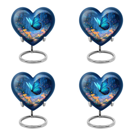 Slate Blue Butterfly Cremation Urn angled view of lid and engraved motif - heart-shaped butterfly design symbolizing eternal love - 10 inch aluminum urn for cremated remains