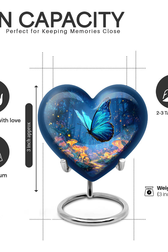 Slate Blue Butterfly Cremation Urn front view showing detailed design - heart-shaped butterfly design symbolizing eternal love - mini keepsake memorial for portion of cremation ashes
