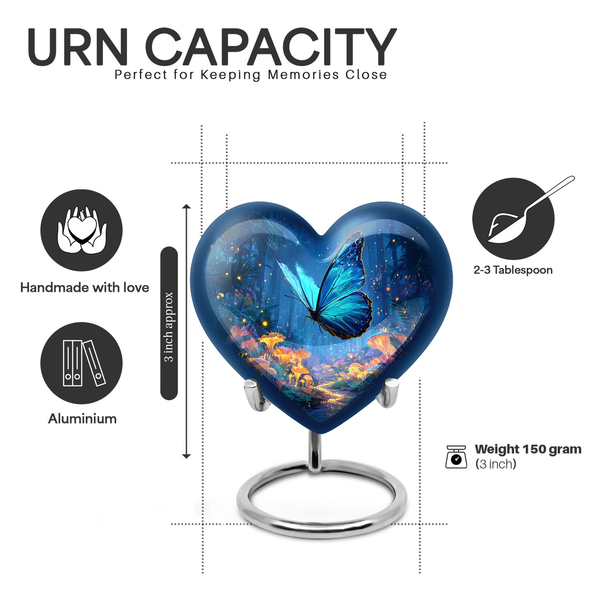 Slate Blue Butterfly Cremation Urn front view showing detailed design - heart-shaped butterfly design symbolizing eternal love - mini keepsake memorial for portion of cremation ashes