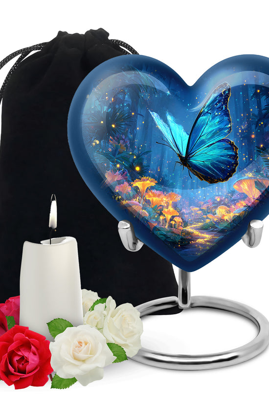 Soft Blue Butterfly Cremation Urn detail view - romantic heart urn with butterfly motif on aluminum - full-size 10 inch 200 cubic inch adult cremation urn
