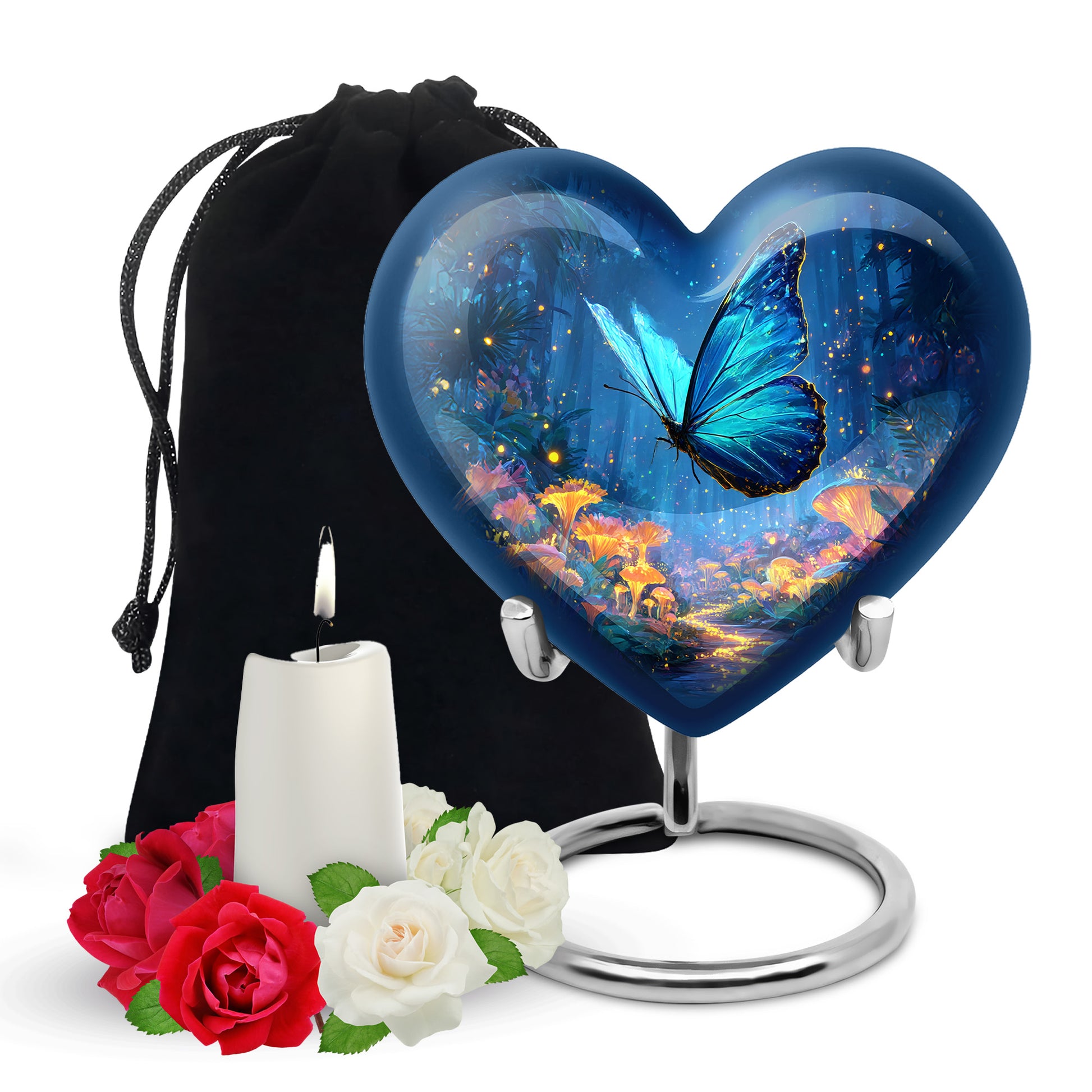 Soft Blue Butterfly Cremation Urn detail view - romantic heart urn with butterfly motif on aluminum - full-size 10 inch 200 cubic inch adult cremation urn