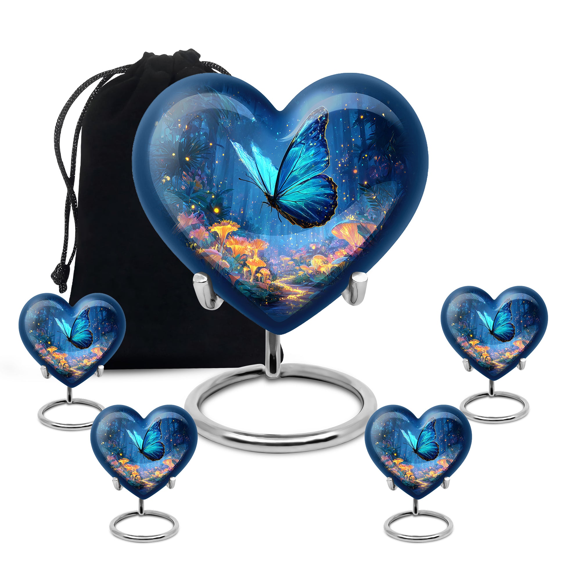 Indigo Butterfly Cremation Urn close-up of engraving and surface detail - heart-shaped butterfly design symbolizing eternal love - memorial set with one large and four small urns