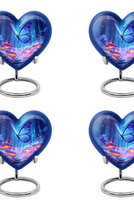 Sapphire Blue Butterfly Cremation Urn angled view of lid and engraved motif - romantic heart urn with butterfly motif on aluminum - 10 inch aluminum urn for cremated remains