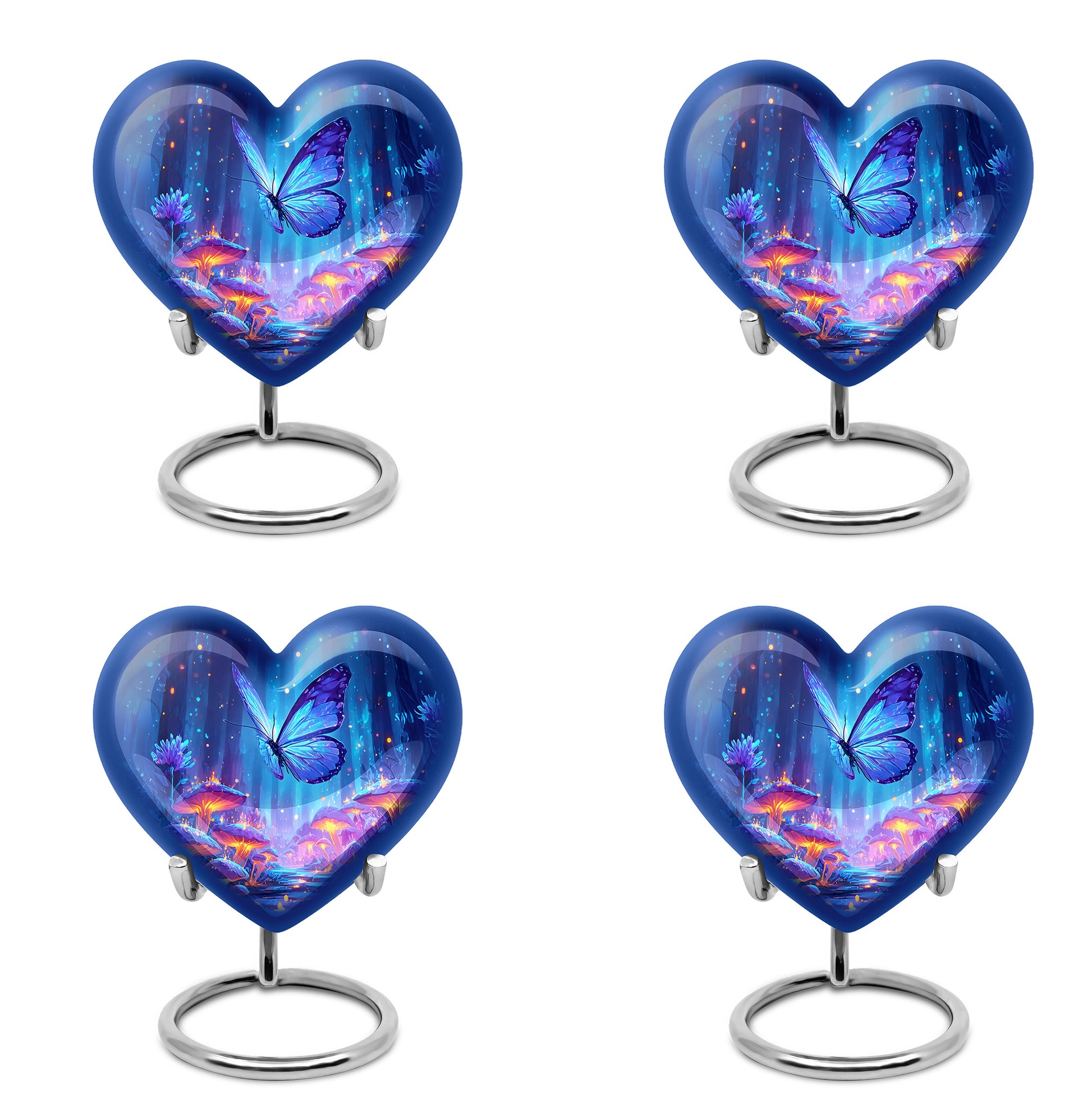 Sapphire Blue Butterfly Cremation Urn angled view of lid and engraved motif - romantic heart urn with butterfly motif on aluminum - 10 inch aluminum urn for cremated remains