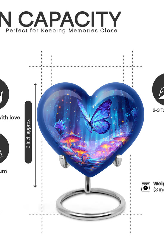 Calming Blue Butterfly Cremation Urn front view showing detailed design - compassionate heart-butterfly combination with gentle curves - mini keepsake memorial for portion of cremation ashes