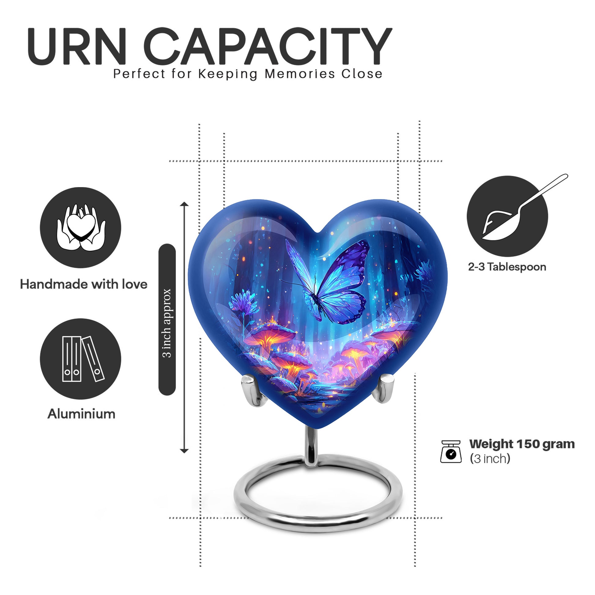 Calming Blue Butterfly Cremation Urn front view showing detailed design - compassionate heart-butterfly combination with gentle curves - mini keepsake memorial for portion of cremation ashes