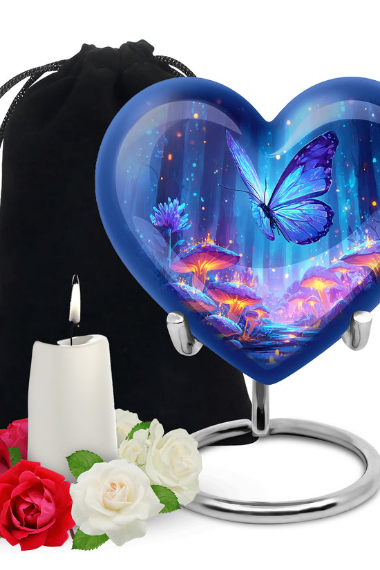Bright Blue Butterfly Cremation Urn detail view - compassionate heart-butterfly combination with gentle curves - full-size 10 inch 200 cubic inch adult cremation urn