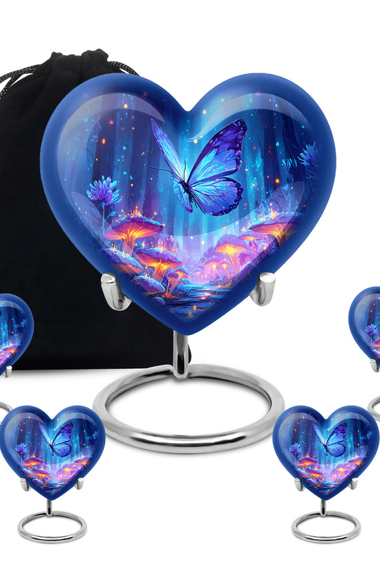 Sky Blue Butterfly Cremation Urn close-up of engraving and surface detail - heart-shaped butterfly design symbolizing eternal love - memorial set with one large and four small urns