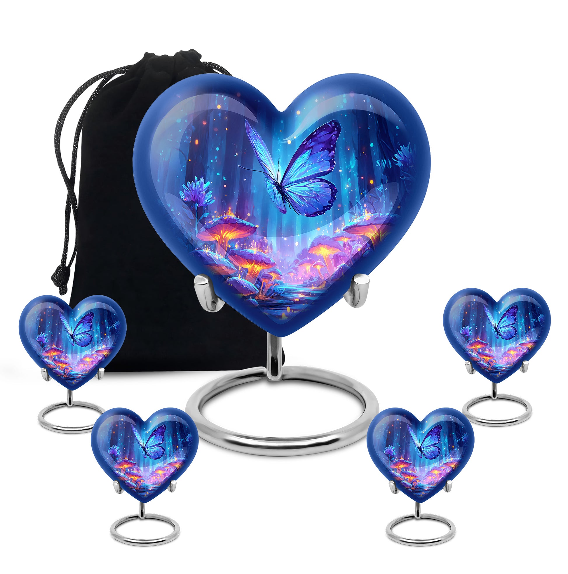 Sky Blue Butterfly Cremation Urn close-up of engraving and surface detail - heart-shaped butterfly design symbolizing eternal love - memorial set with one large and four small urns