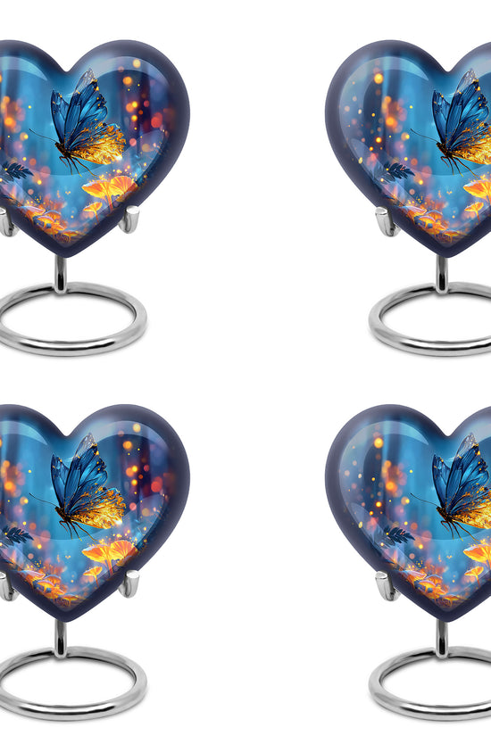 Royal Blue Butterfly Cremation Urn angled view of lid and engraved motif - romantic heart urn with butterfly motif on aluminum - 10 inch aluminum urn for cremated remains