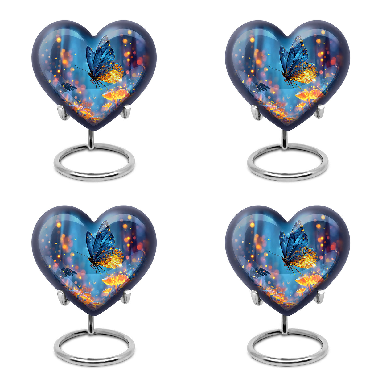 Royal Blue Butterfly Cremation Urn angled view of lid and engraved motif - romantic heart urn with butterfly motif on aluminum - 10 inch aluminum urn for cremated remains