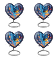 Royal Blue Butterfly Cremation Urn angled view of lid and engraved motif - romantic heart urn with butterfly motif on aluminum - 10 inch aluminum urn for cremated remains
