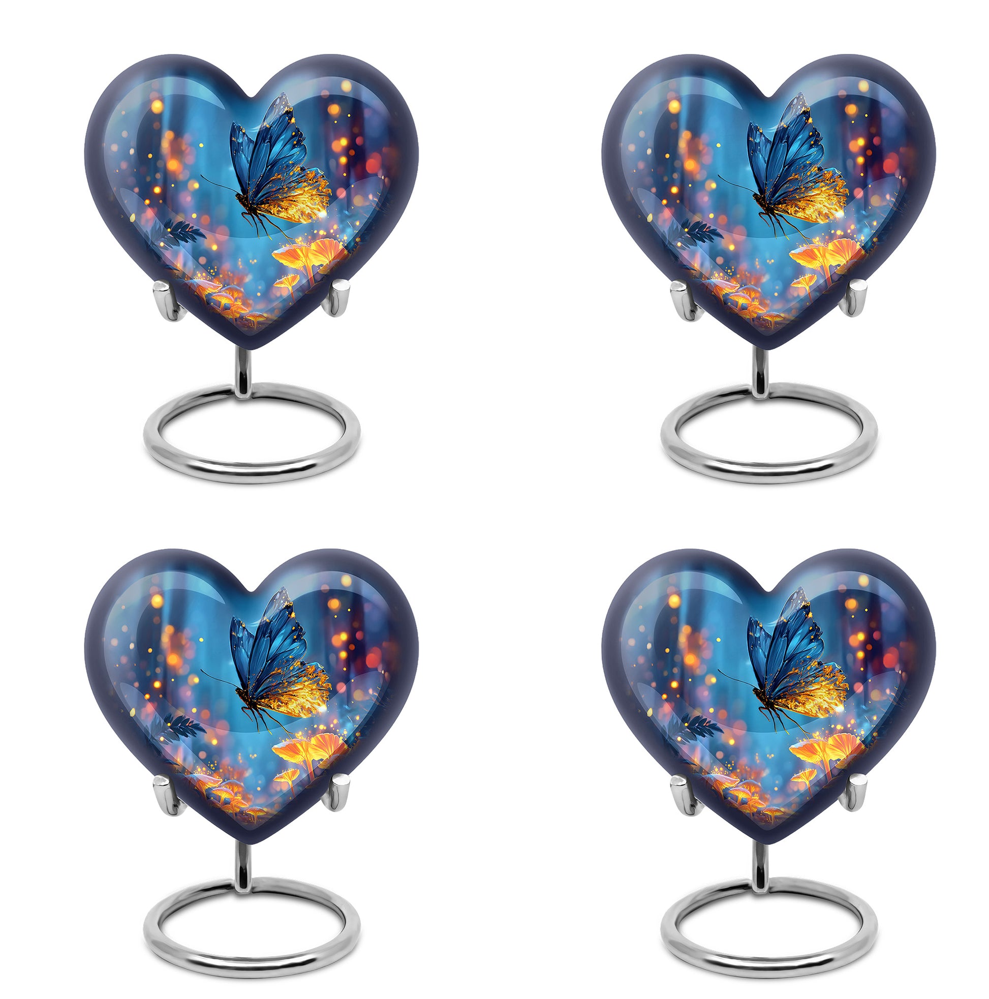 Royal Blue Butterfly Cremation Urn angled view of lid and engraved motif - romantic heart urn with butterfly motif on aluminum - 10 inch aluminum urn for cremated remains