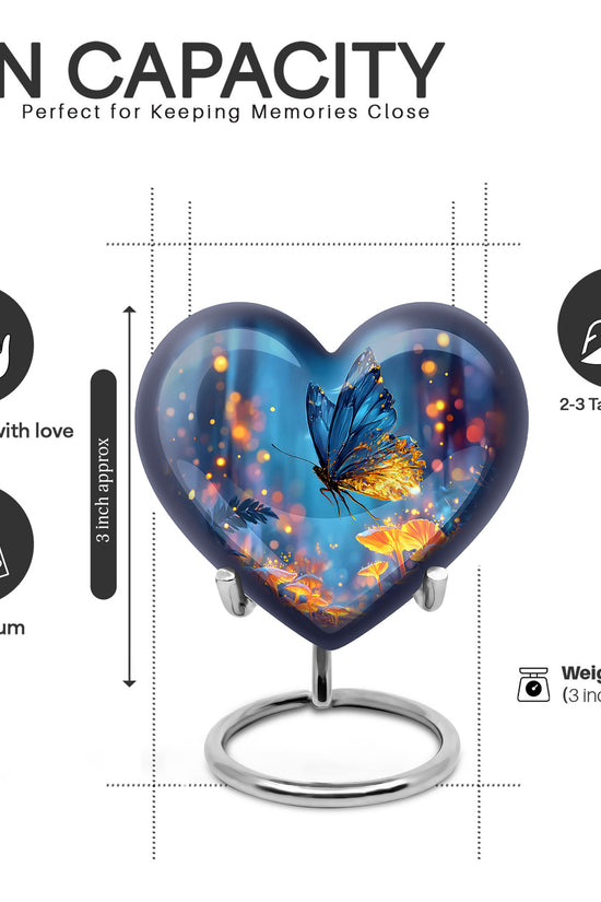 Indigo Butterfly Cremation Urn front view showing detailed design - heart-shaped butterfly design symbolizing eternal love - mini keepsake memorial for portion of cremation ashes