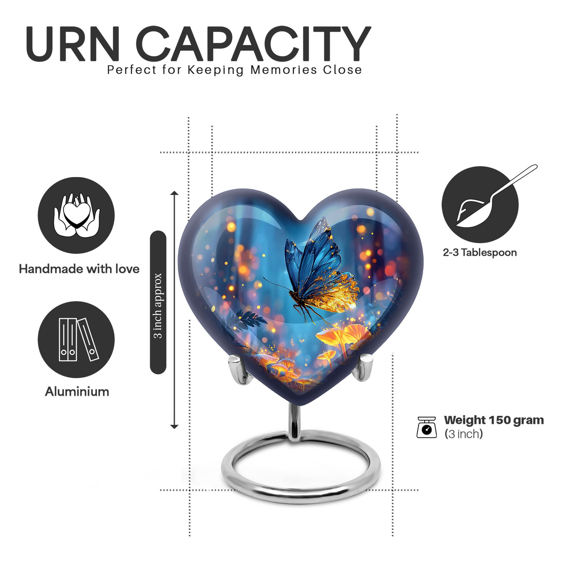 Indigo Butterfly Cremation Urn front view showing detailed design - heart-shaped butterfly design symbolizing eternal love - mini keepsake memorial for portion of cremation ashes