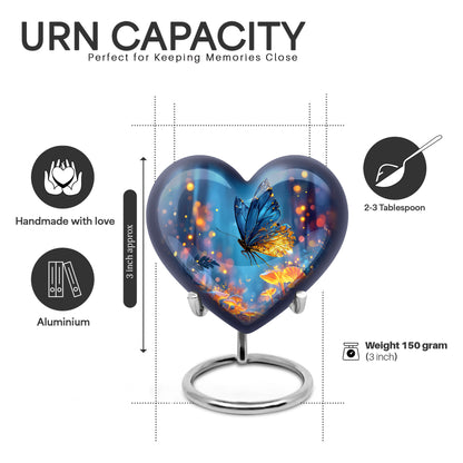 Indigo Butterfly Cremation Urn front view showing detailed design - heart-shaped butterfly design symbolizing eternal love - mini keepsake memorial for portion of cremation ashes