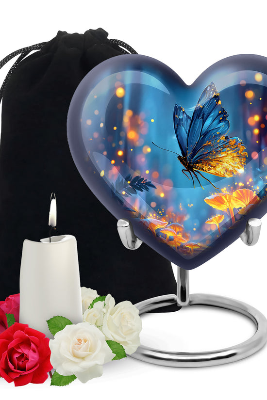 Soft Blue Butterfly Cremation Urn detail view - compassionate heart-butterfly combination with gentle curves - full-size 10 inch 200 cubic inch adult cremation urn