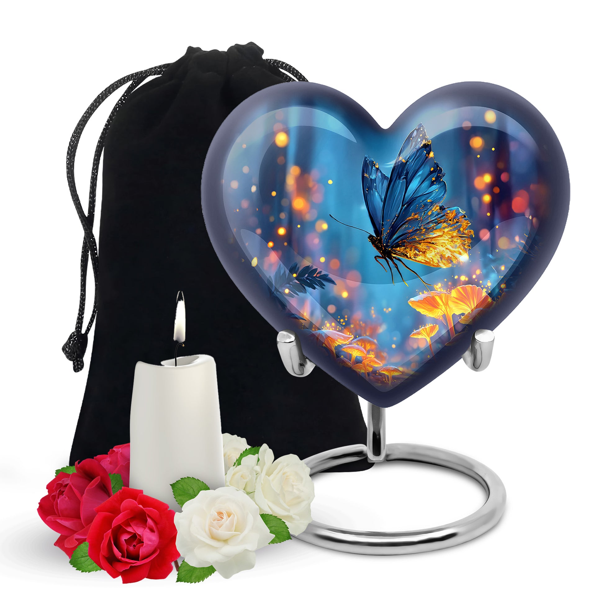 Soft Blue Butterfly Cremation Urn detail view - compassionate heart-butterfly combination with gentle curves - full-size 10 inch 200 cubic inch adult cremation urn