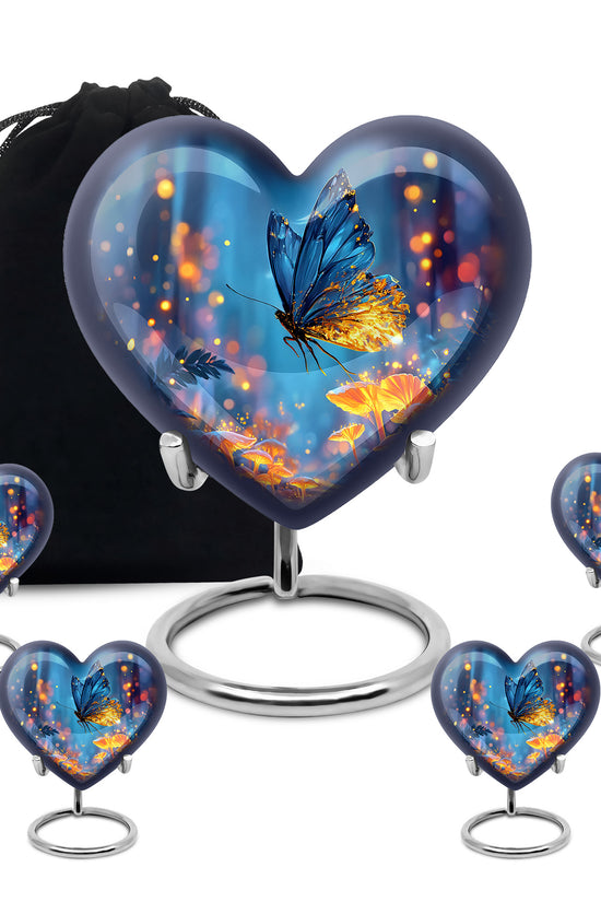 Steel Blue Butterfly Cremation Urn close-up of engraving and surface detail - compassionate heart-butterfly combination with gentle curves - memorial set with one large and four small urns