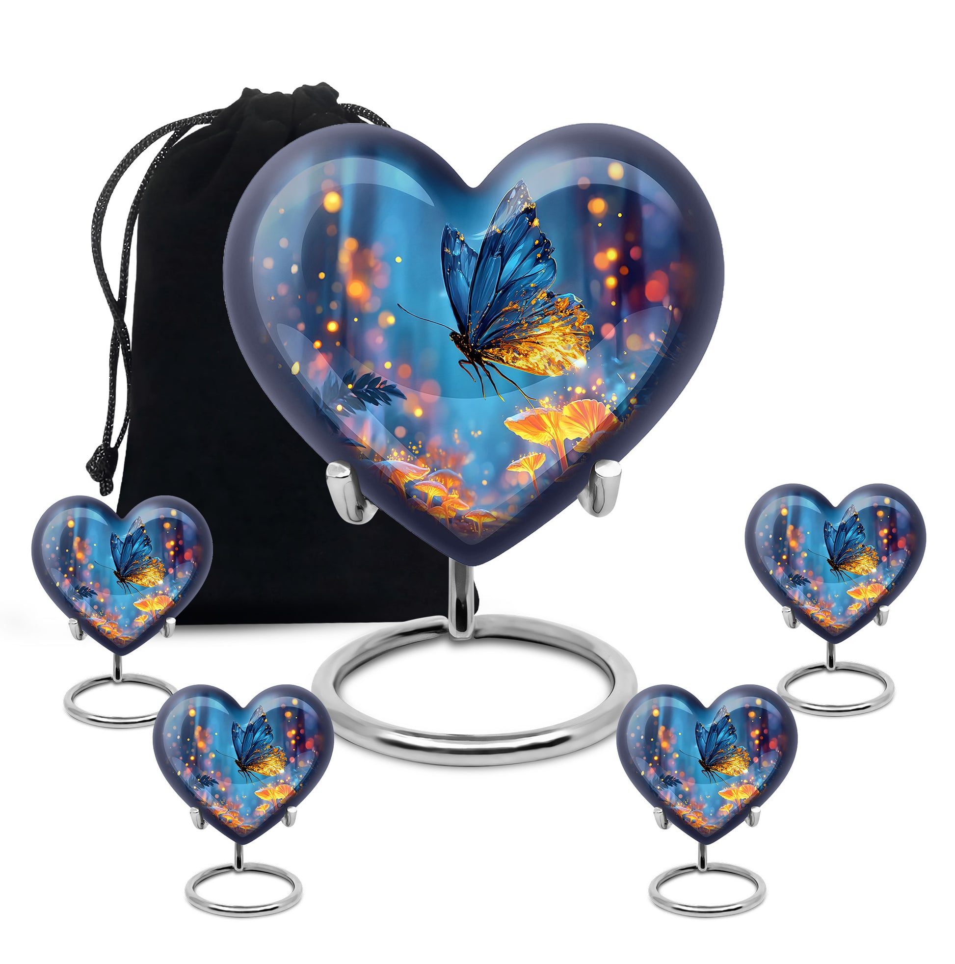 Steel Blue Butterfly Cremation Urn close-up of engraving and surface detail - compassionate heart-butterfly combination with gentle curves - memorial set with one large and four small urns