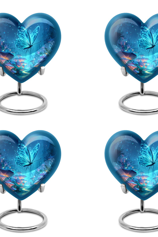 Slate Blue Butterfly Cremation Urn angled view of lid and engraved motif - heart-shaped butterfly design symbolizing eternal love - 10 inch aluminum urn for cremated remains